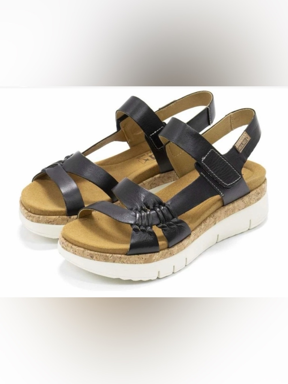 PIKOLINOS Black Leather Cork-Trim Platform Sandals